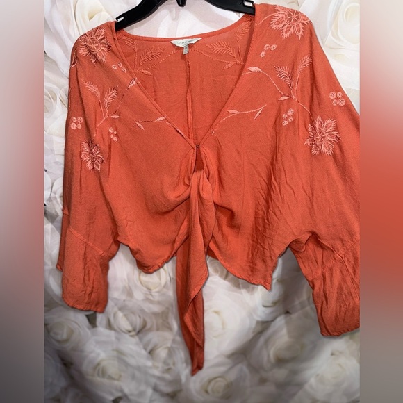 Coral lucky brand bohemian bell sleeve embroidered crop top size Xs 100% Viscose - Picture 3 of 14
